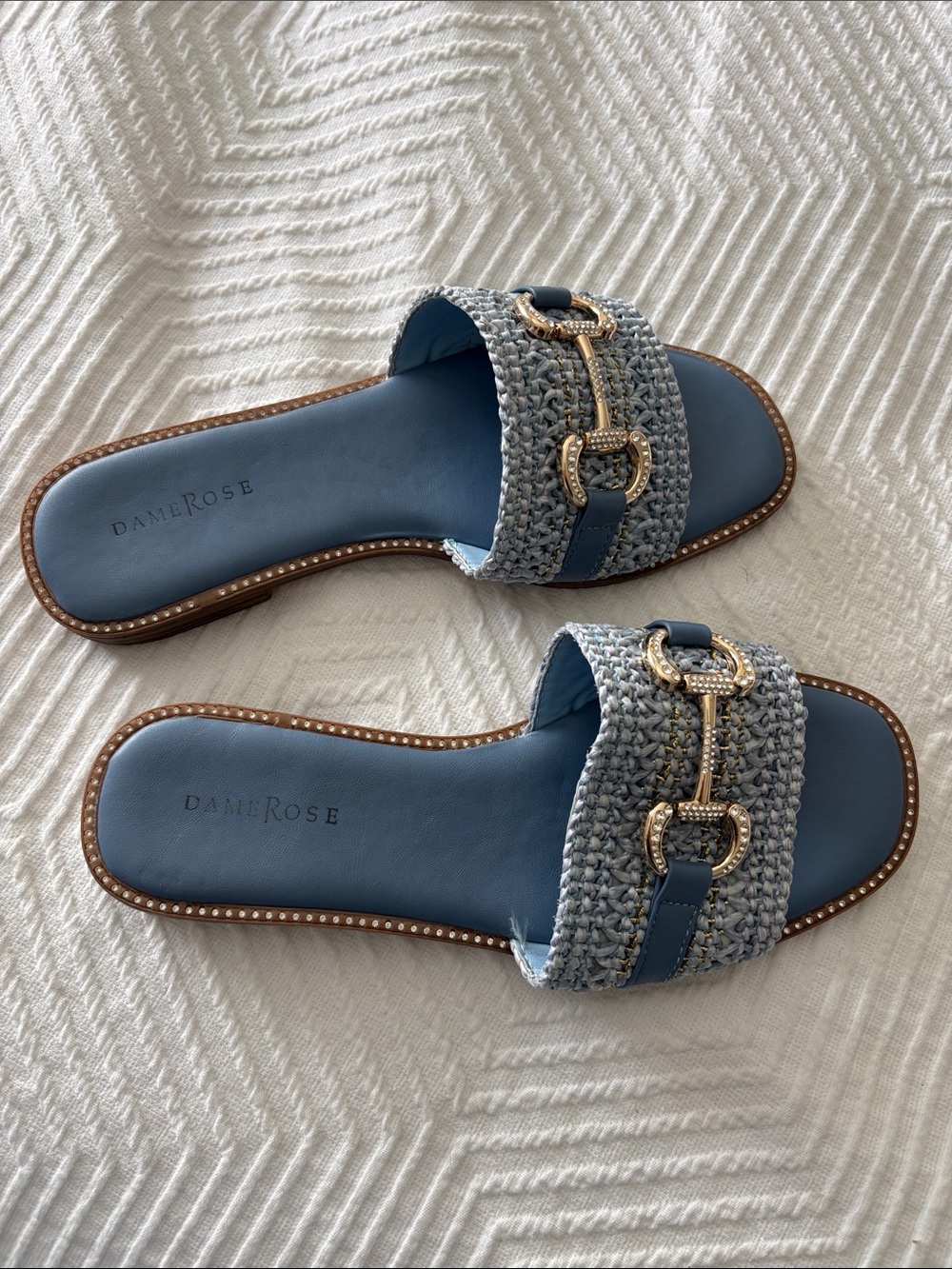 Blue Woven Slide Mules with Gold Buckle Detail